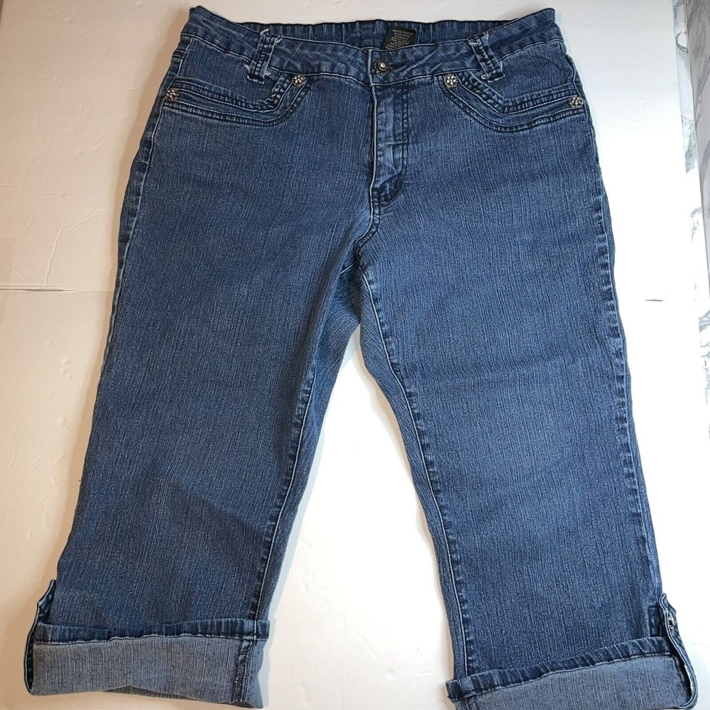 V.S.K. Jeans Women's Size 14 Capri Cuffed Stretch Denim Blue Embellished Bling